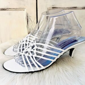 Phyllis Poland White Strappy Italian Leather Slip on Heels Womens Size 6.5